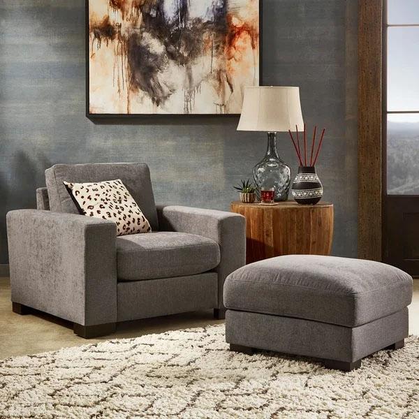 Ashton Grey Fabric Double Sided Down-Feather Filled Chair and Ottoman by iNSPIRE Q Artisan